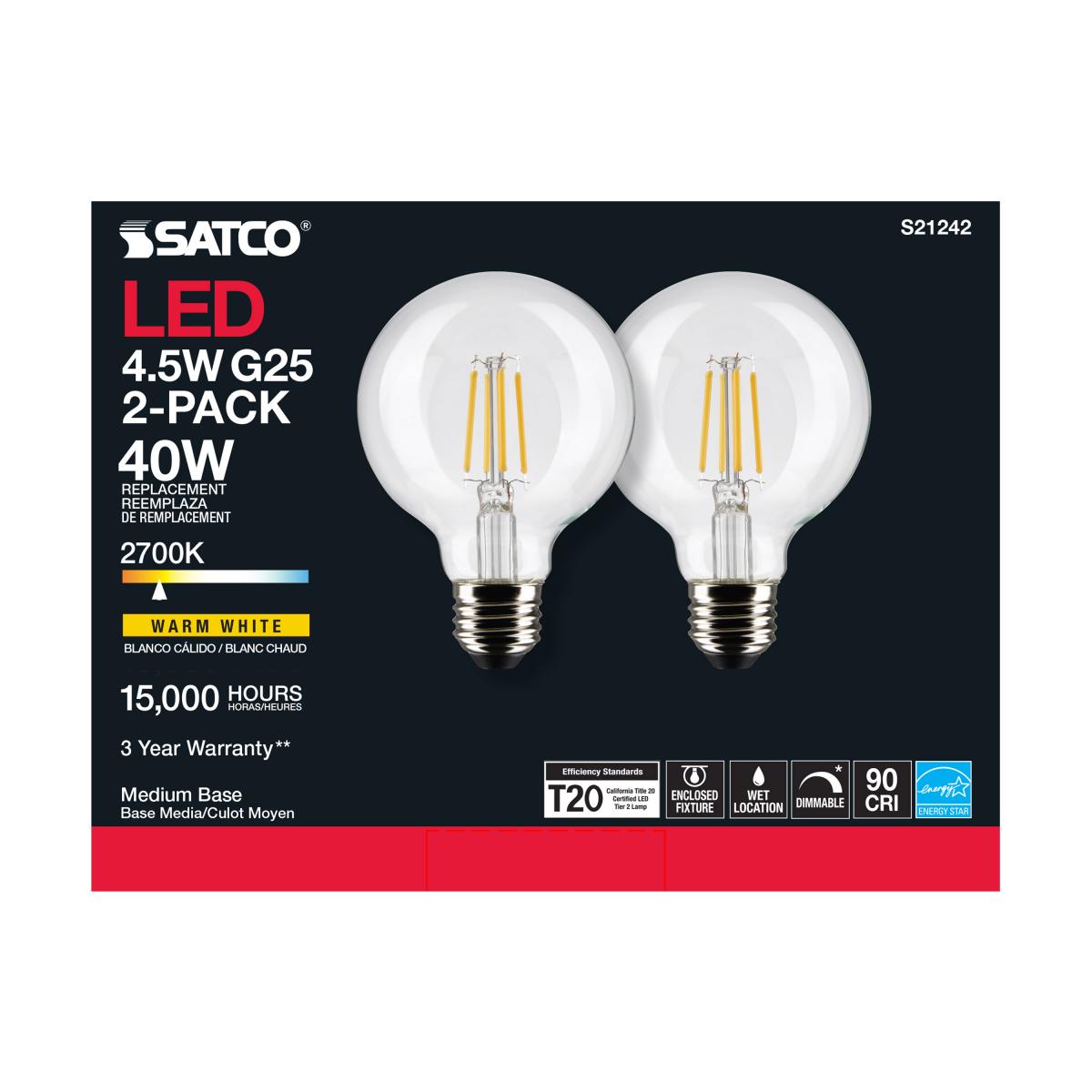 G25 Filament LED Globe Bulb, 5 Watts, 350 Lumens, 2700K, E26 Medium Base, Clear, Pack of 2 - Bees Lighting
