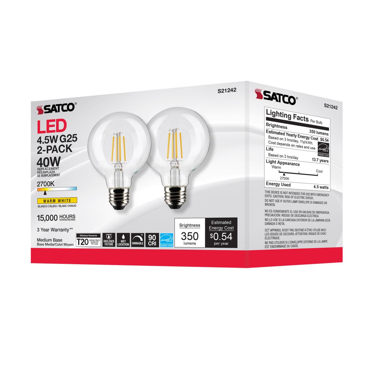 G25 Filament LED Globe Bulb, 5 Watts, 350 Lumens, 2700K, E26 Medium Base, Clear, Pack of 2 - Bees Lighting