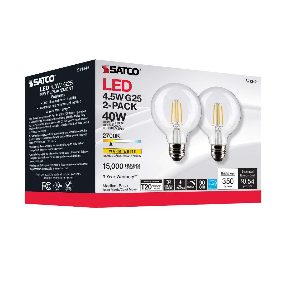 G25 Filament LED Globe Bulb, 5 Watts, 350 Lumens, 2700K, E26 Medium Base, Clear, Pack of 2 - Bees Lighting