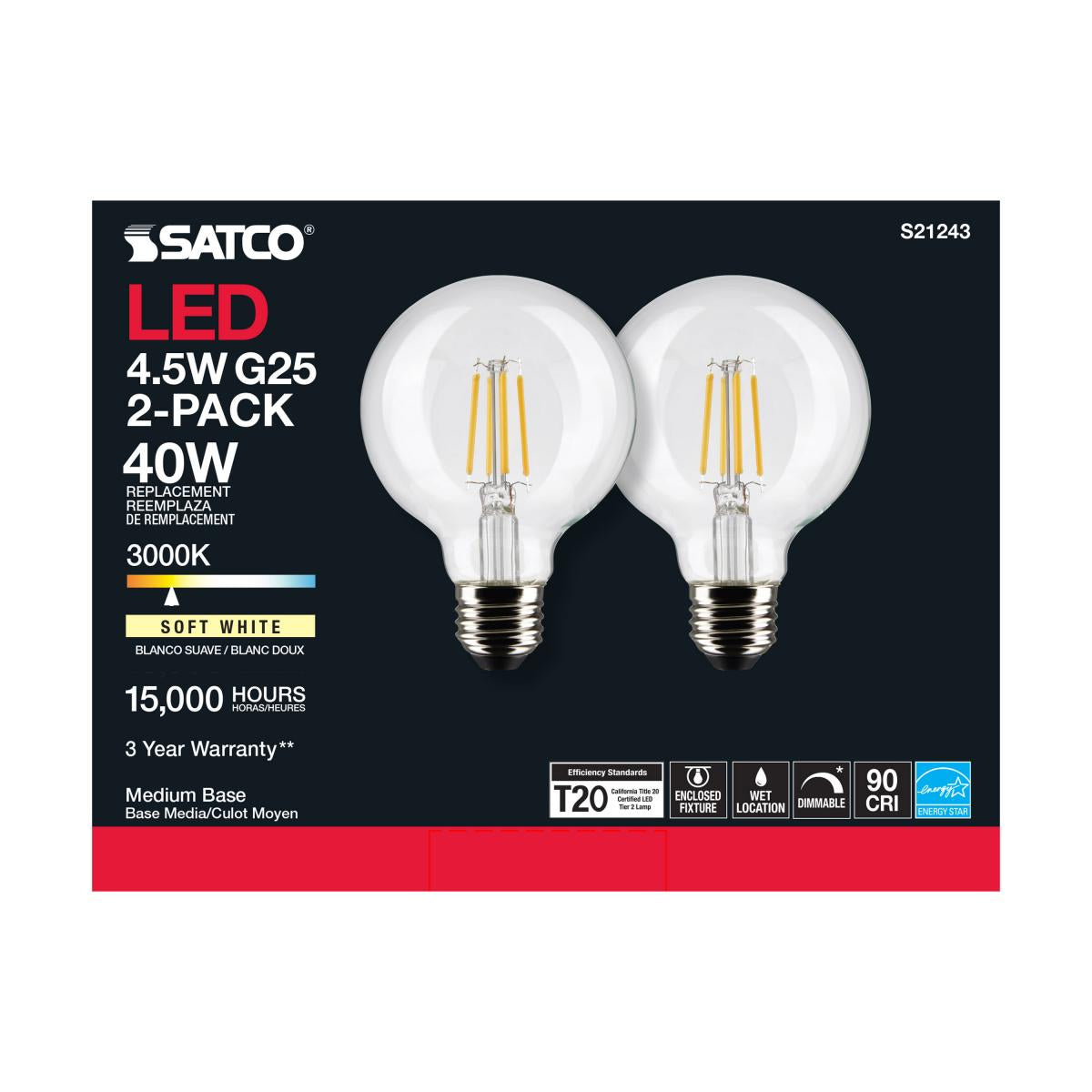 G25 Filament LED Globe Bulb, 5 Watts, 350 Lumens, 3000K, E26 Medium Base, Clear, Pack of 2 - Bees Lighting