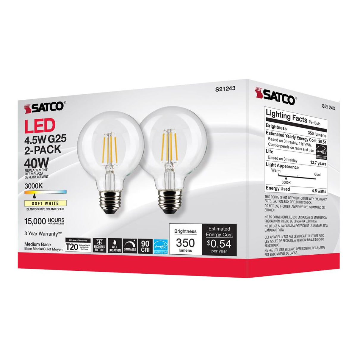 G25 Filament LED Globe Bulb, 5 Watts, 350 Lumens, 3000K, E26 Medium Base, Clear, Pack of 2 - Bees Lighting