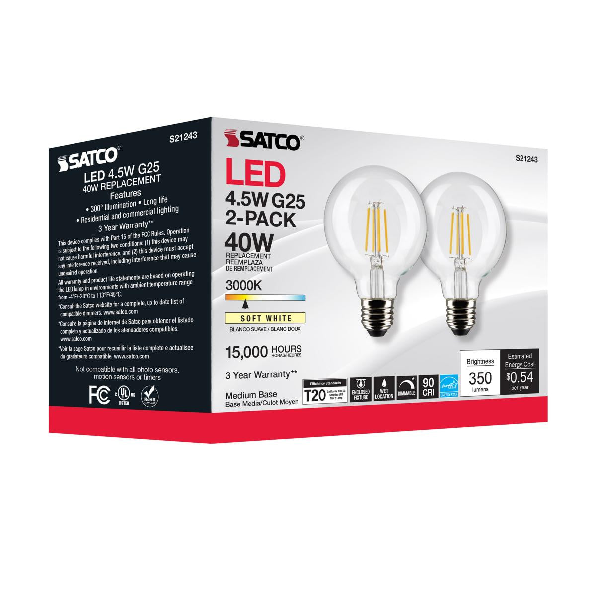G25 Filament LED Globe Bulb, 5 Watts, 350 Lumens, 3000K, E26 Medium Base, Clear, Pack of 2 - Bees Lighting