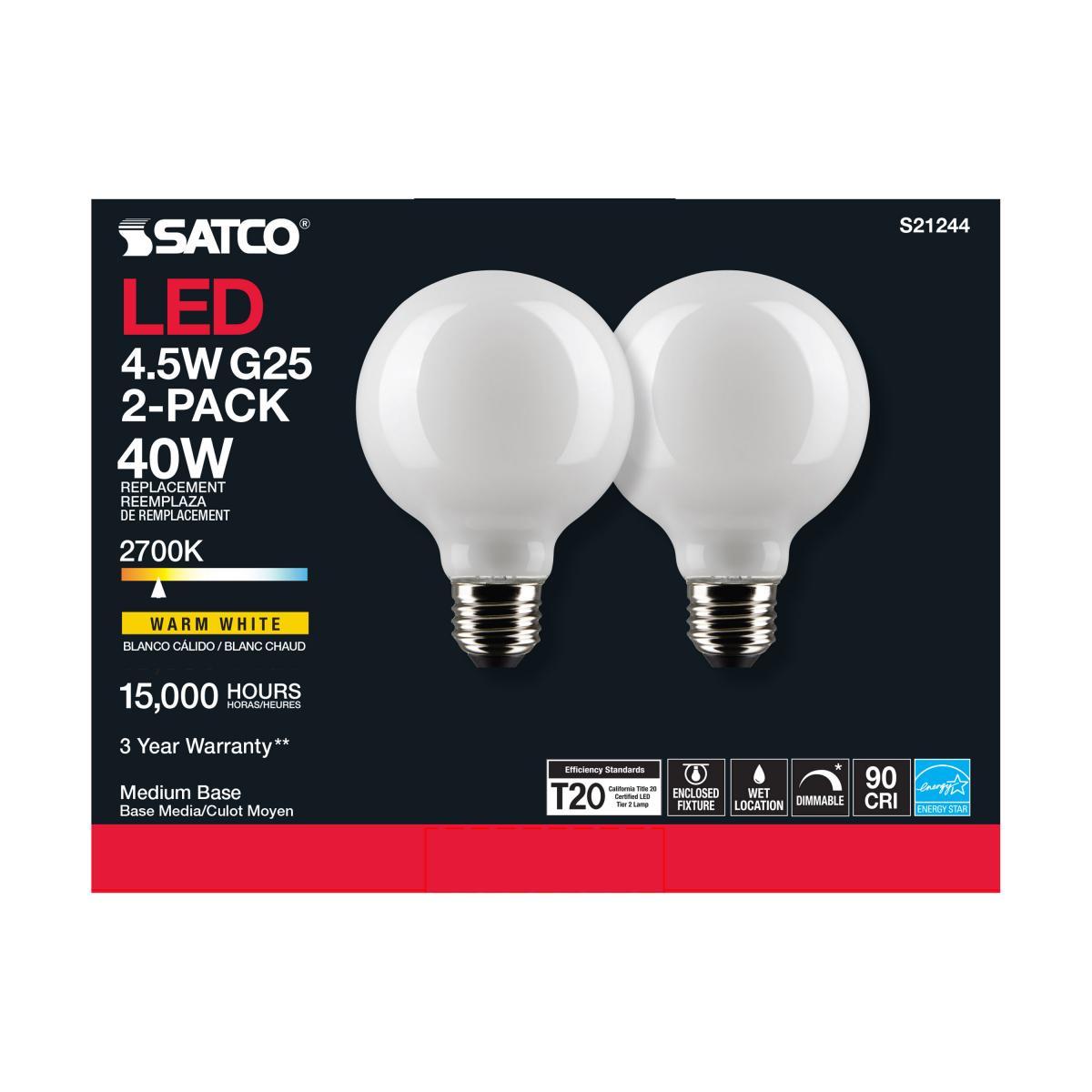 G25 LED Globe Bulb, 5 Watts, 350 Lumens, 40W Equal, 2700K, E26 Medium Base, Frosted, Pack of 2 - Bees Lighting