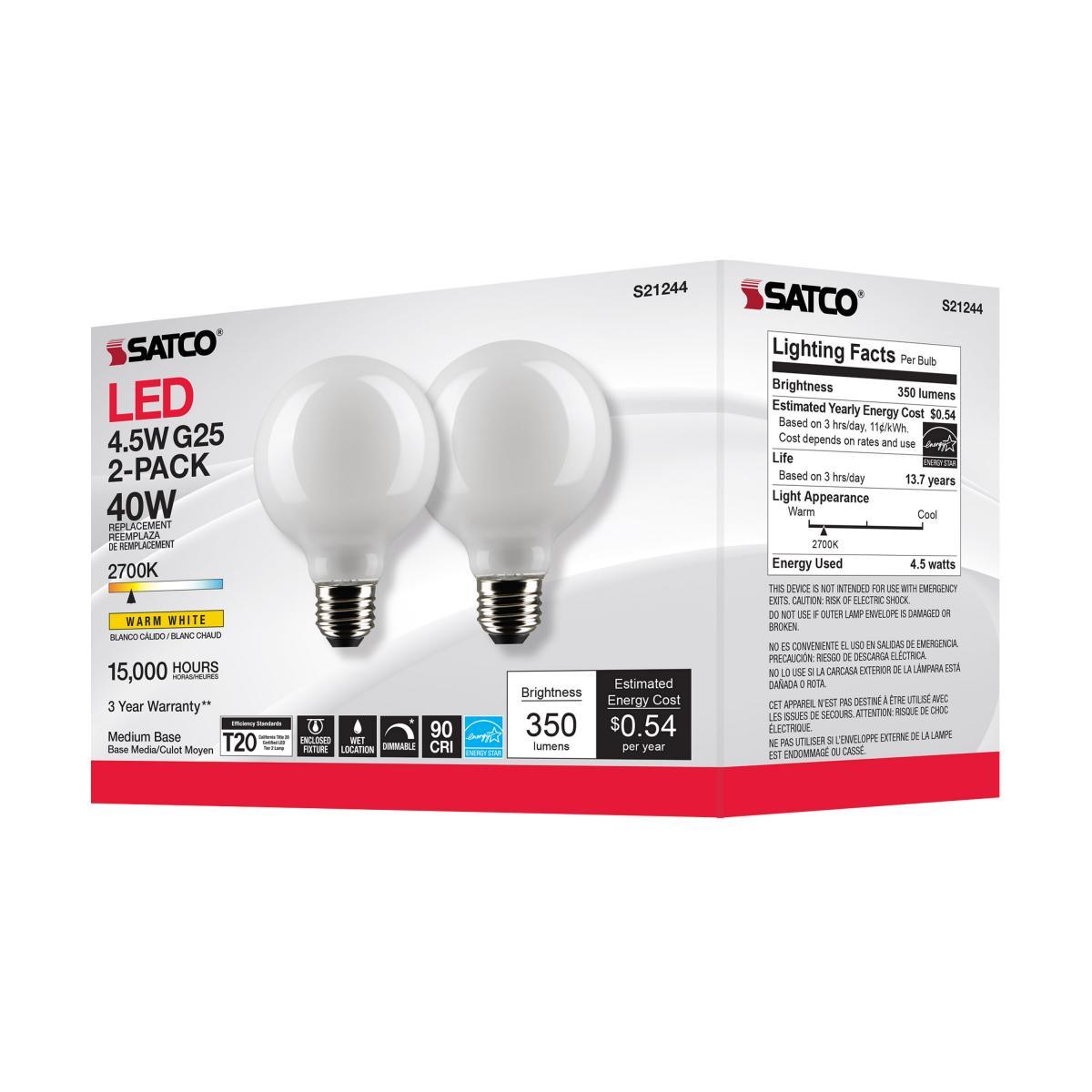 G25 LED Globe Bulb, 5 Watt, 350 Lumens, 2700K, E26 Medium Base, Frosted Finish, Pack Of 2