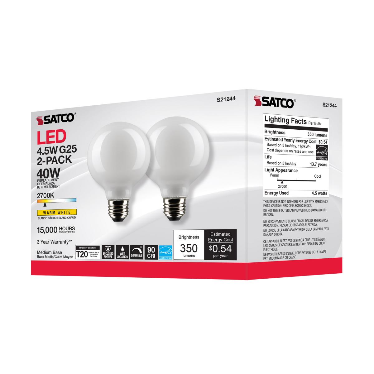 G25 LED Globe Bulb, 5 Watts, 350 Lumens, 40W Equal, 2700K, E26 Medium Base, Frosted, Pack of 2 - Bees Lighting