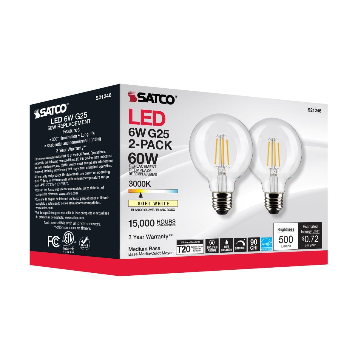 G25 LED Globe Bulb, 6 Watt, 500 Lumens, 3000K, E26 Medium Base, Clear Finish, Pack Of 2