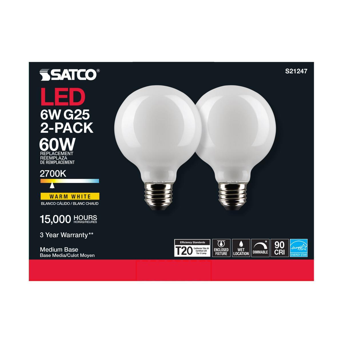 G25 LED Globe Bulb, 6 Watt, 500 Lumens, 2700K, E26 Medium Base, Frosted Finish, Pack Of 2