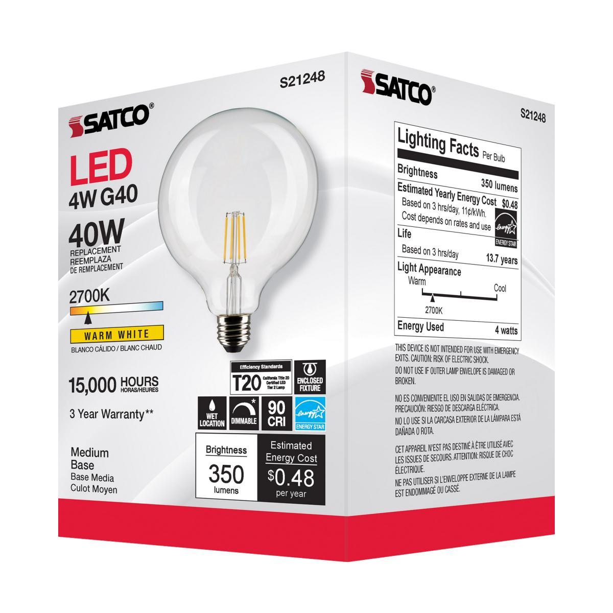 G40 Filament LED Globe Bulb, 4 Watt, 350 Lumens, 2700K, E26 Medium Base, Clear Finish