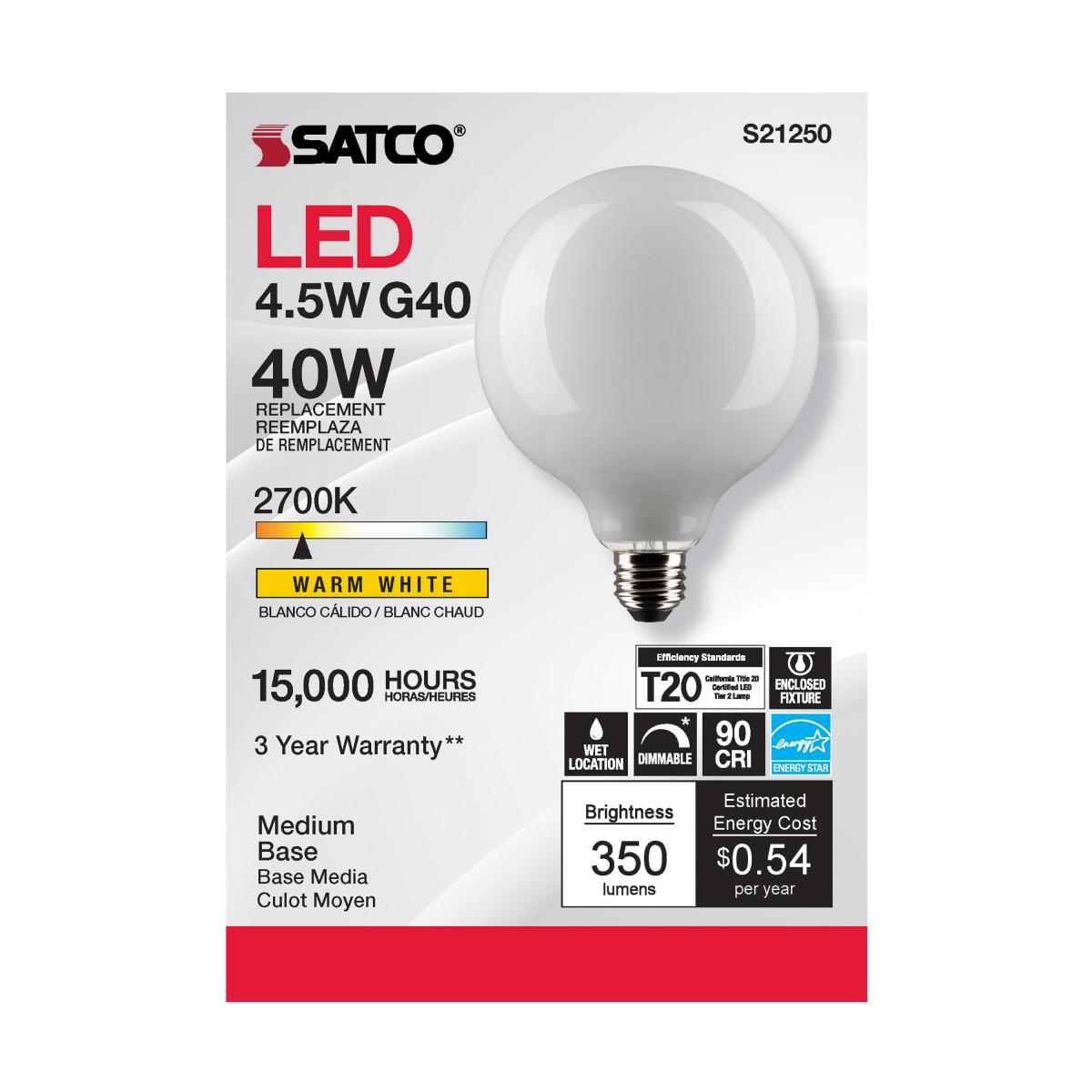 G40 LED Globe Bulb, 5 Watts, 350 Lumens, 40W Equal, 2700K, E26 Medium Base, Frosted - Bees Lighting