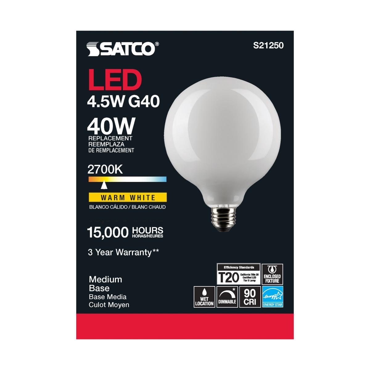 G40 LED Globe Bulb, 5 Watts, 350 Lumens, 40W Equal, 2700K, E26 Medium Base, Frosted - Bees Lighting