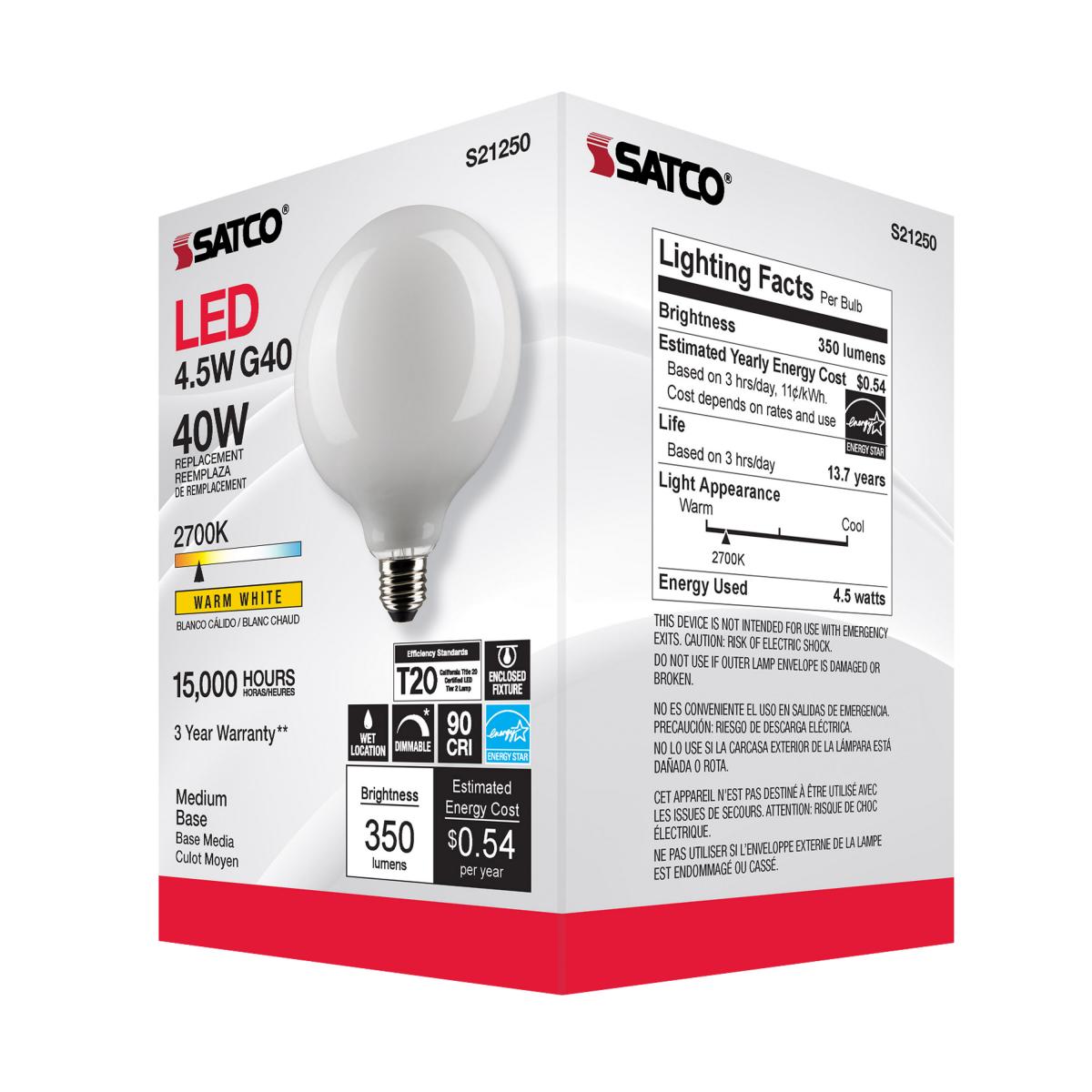 G40 LED Globe Bulb, 5 Watts, 350 Lumens, 40W Equal, 2700K, E26 Medium Base, Frosted - Bees Lighting