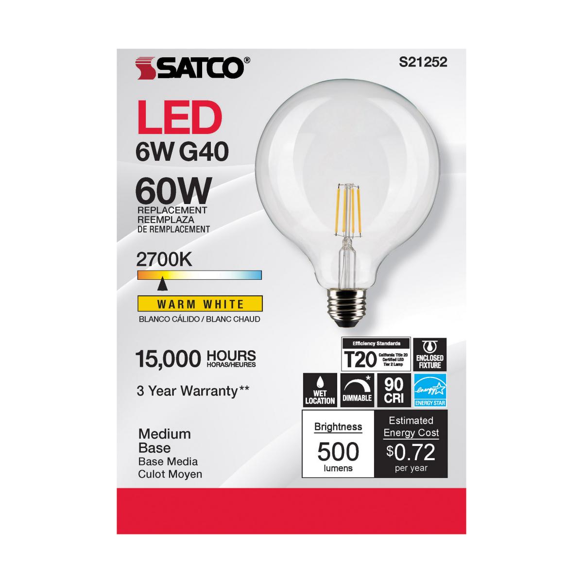 G40 Filament LED Globe Bulb, 6 Watts, 500 Lumens, 60W Equal, 2700K, E26 Medium Base, Clear - Bees Lighting