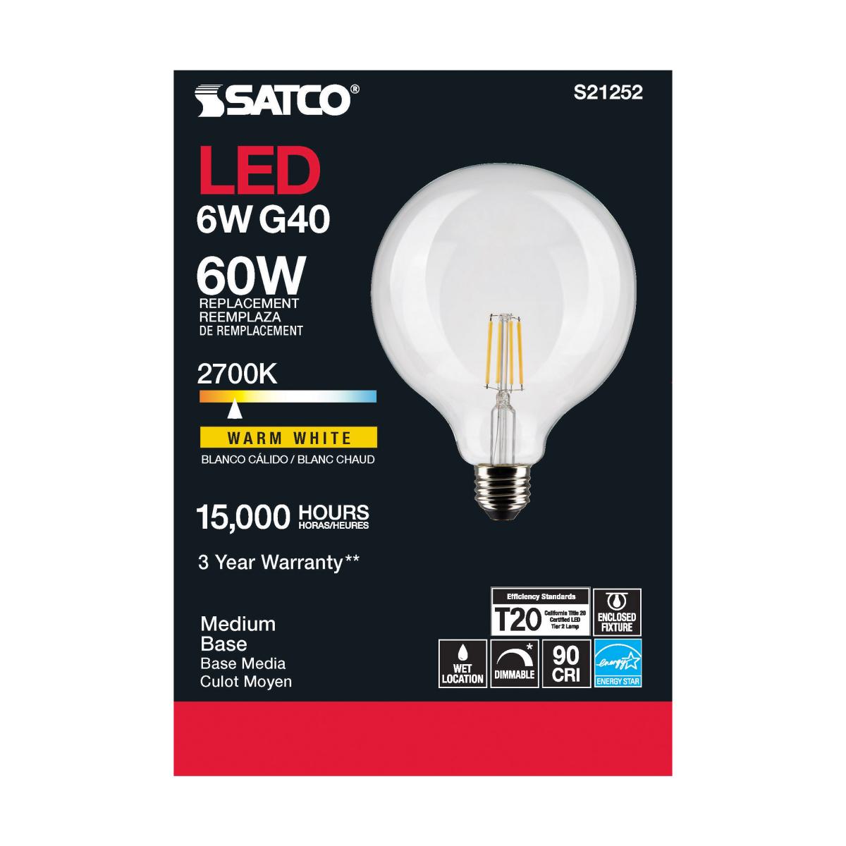 G40 Filament LED Globe Bulb, 6 Watts, 500 Lumens, 60W Equal, 2700K, E26 Medium Base, Clear - Bees Lighting