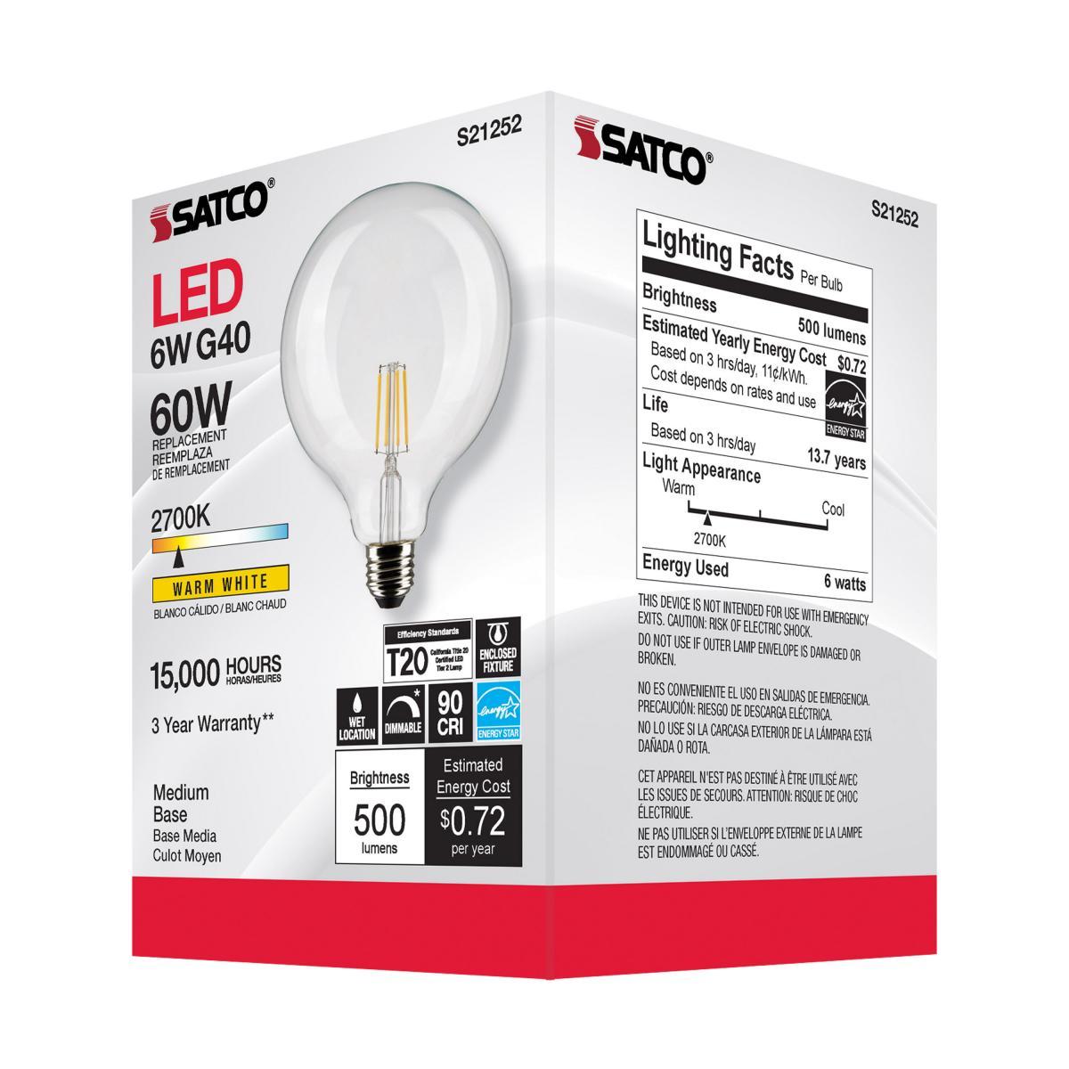 G40 Filament LED Globe Bulb, 6 Watt, 500 Lumens, 2700K, E26 Medium Base, Clear Finish