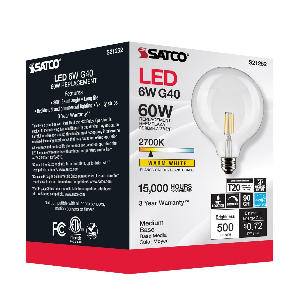 G40 Filament LED Globe Bulb, 6 Watts, 500 Lumens, 60W Equal, 2700K, E26 Medium Base, Clear - Bees Lighting