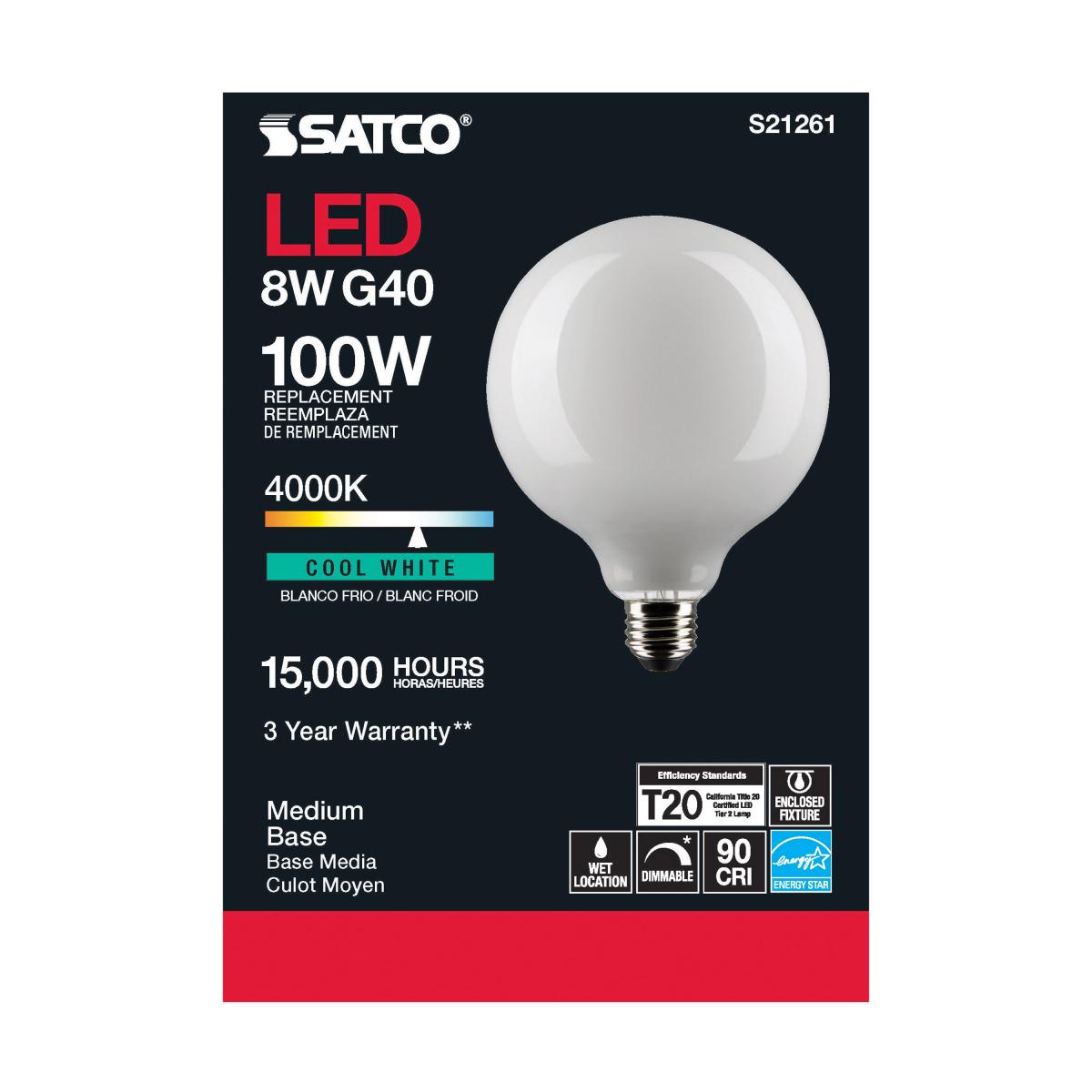 G40 LED Globe Bulb, 8 Watts, 800 Lumens, 100W Equal, 4000K, E26 Medium Base, Frosted
