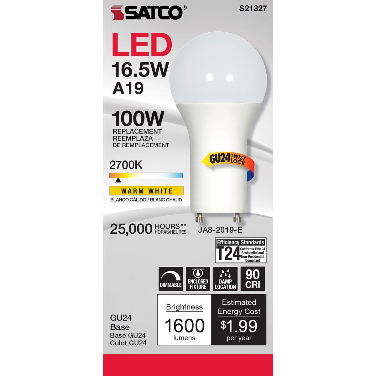 A19 LED Bulb, 100W Equivalent, 17 Watt, 1600 Lumens, 2700K, GU24 Base, Frosted Finish - Bees Lighting