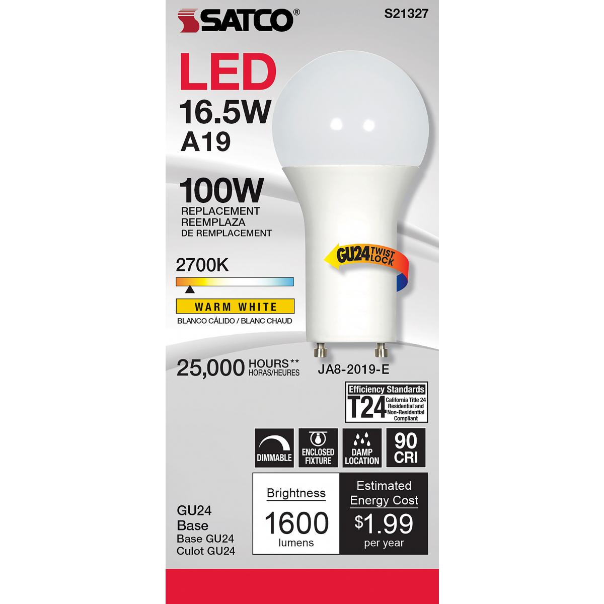 A19 LED Bulb, 100W Equivalent, 17 Watts, 1600 Lumens, 2700K, GU24 Base, Frosted Finish - Bees Lighting