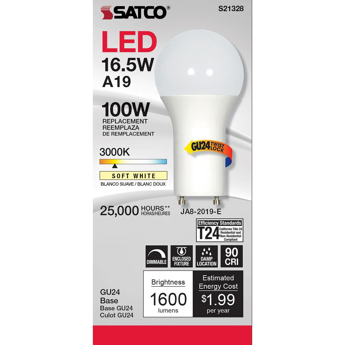A19 LED Bulb, 100W Equivalent, 17 Watts, 1600 Lumens, 3000K, GU24 Base, Frosted Finish - Bees Lighting
