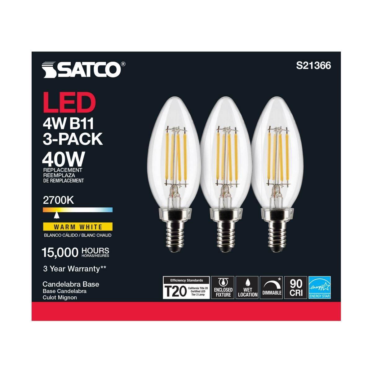B11 Candle Filament LED Bulb, 40W Equal, 4W, 350lm, 2700K, E12 Candelabra, Clear, Pack of 3 - Bees Lighting