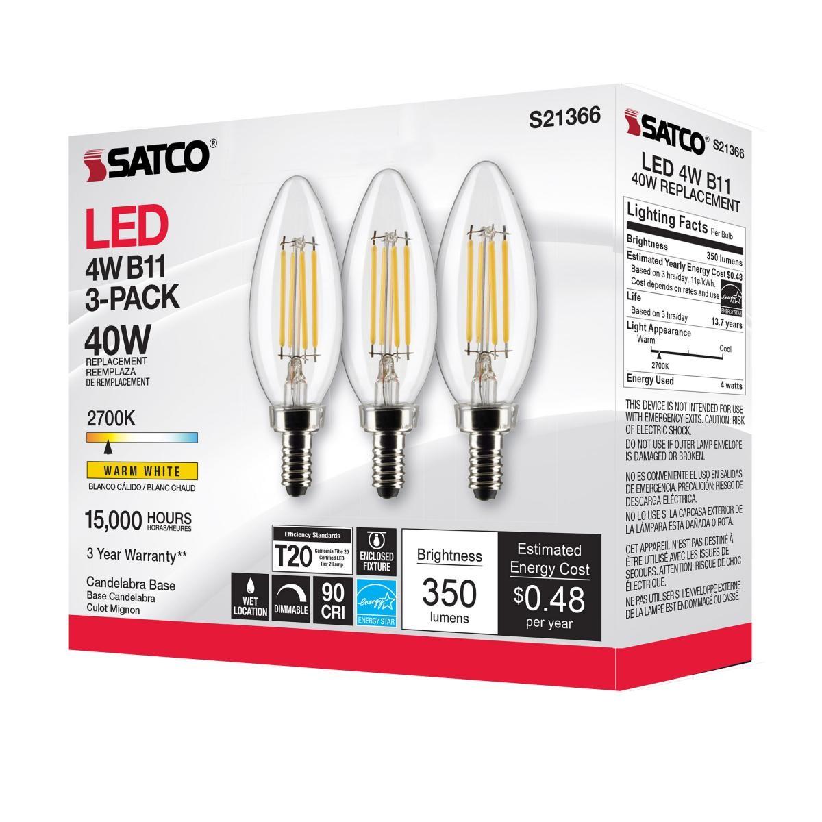 B11 Candle Filament LED Bulb, 40W Equal, 4W, 350lm, 2700K, E12 Candelabra, Clear, Pack of 3 - Bees Lighting
