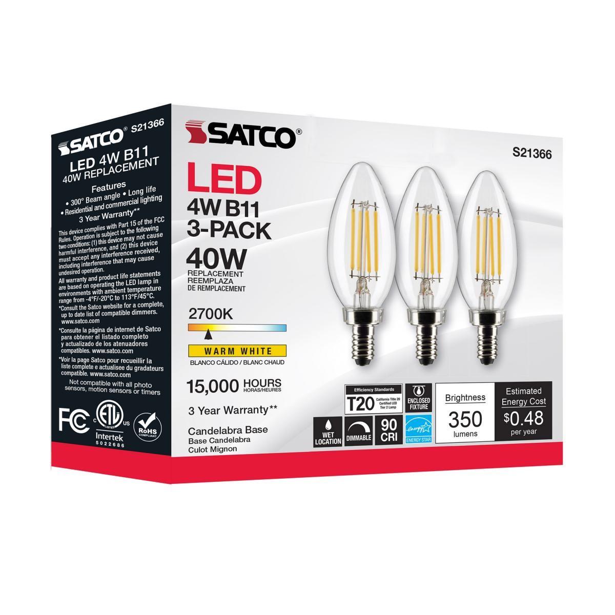 B11 Candle Filament LED Bulb, 40W Equal, 4W, 350lm, 2700K, E12 Candelabra, Clear, Pack of 3 - Bees Lighting