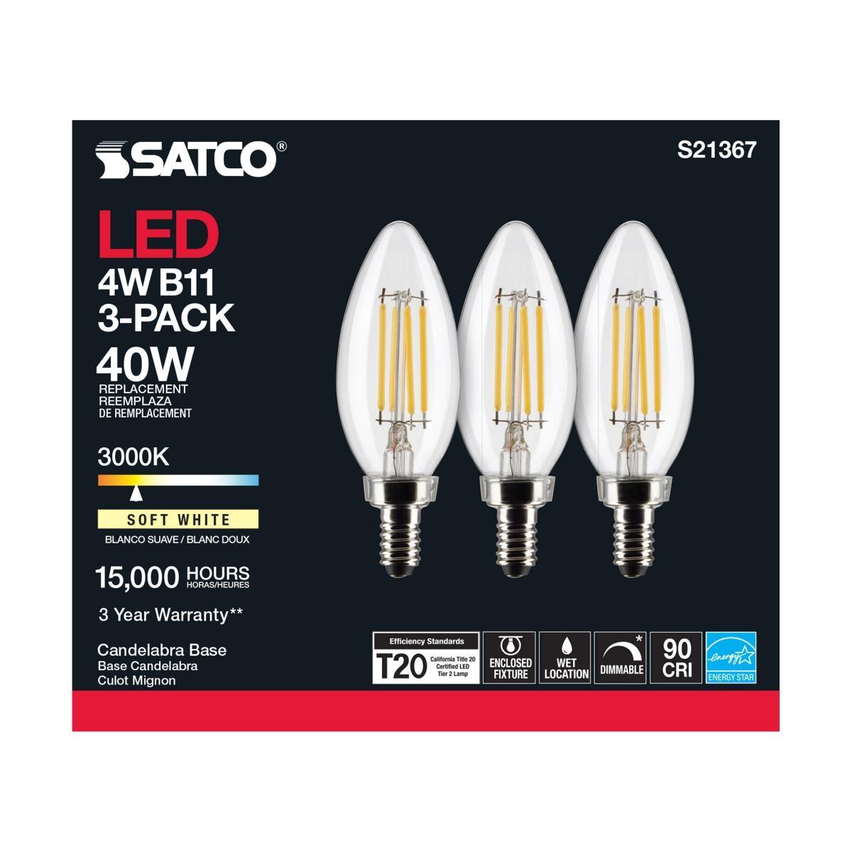 B11 Candle Filament LED Bulb, 40W Equal, 4W, 350lm, 3000K, E12 Candelabra, Clear, Pack of 3 - Bees Lighting