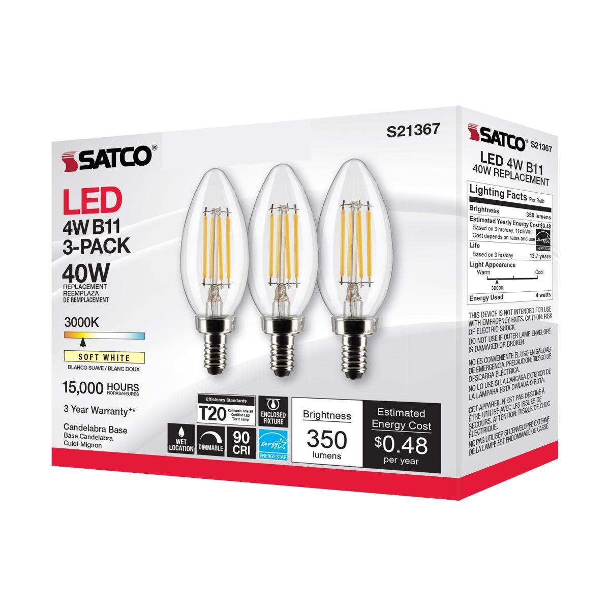 B11 Candle Filament LED Bulb, 40W Equal, 4W, 350lm, 3000K, E12 Candelabra, Clear, Pack of 3 - Bees Lighting