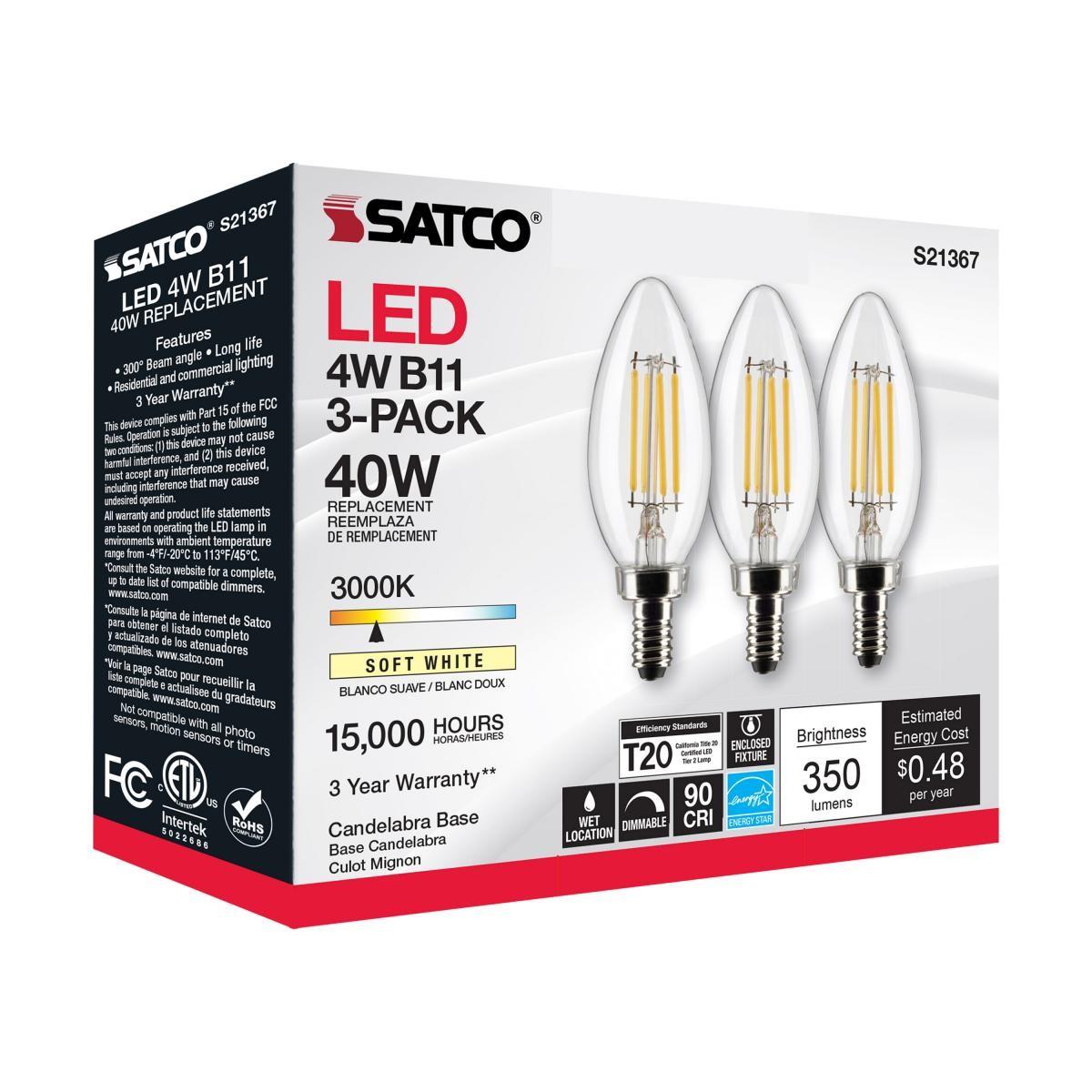 B11 Candle Filament LED Bulb, 40W Equal, 4W, 350lm, 3000K, E12 Candelabra, Clear, Pack of 3 - Bees Lighting
