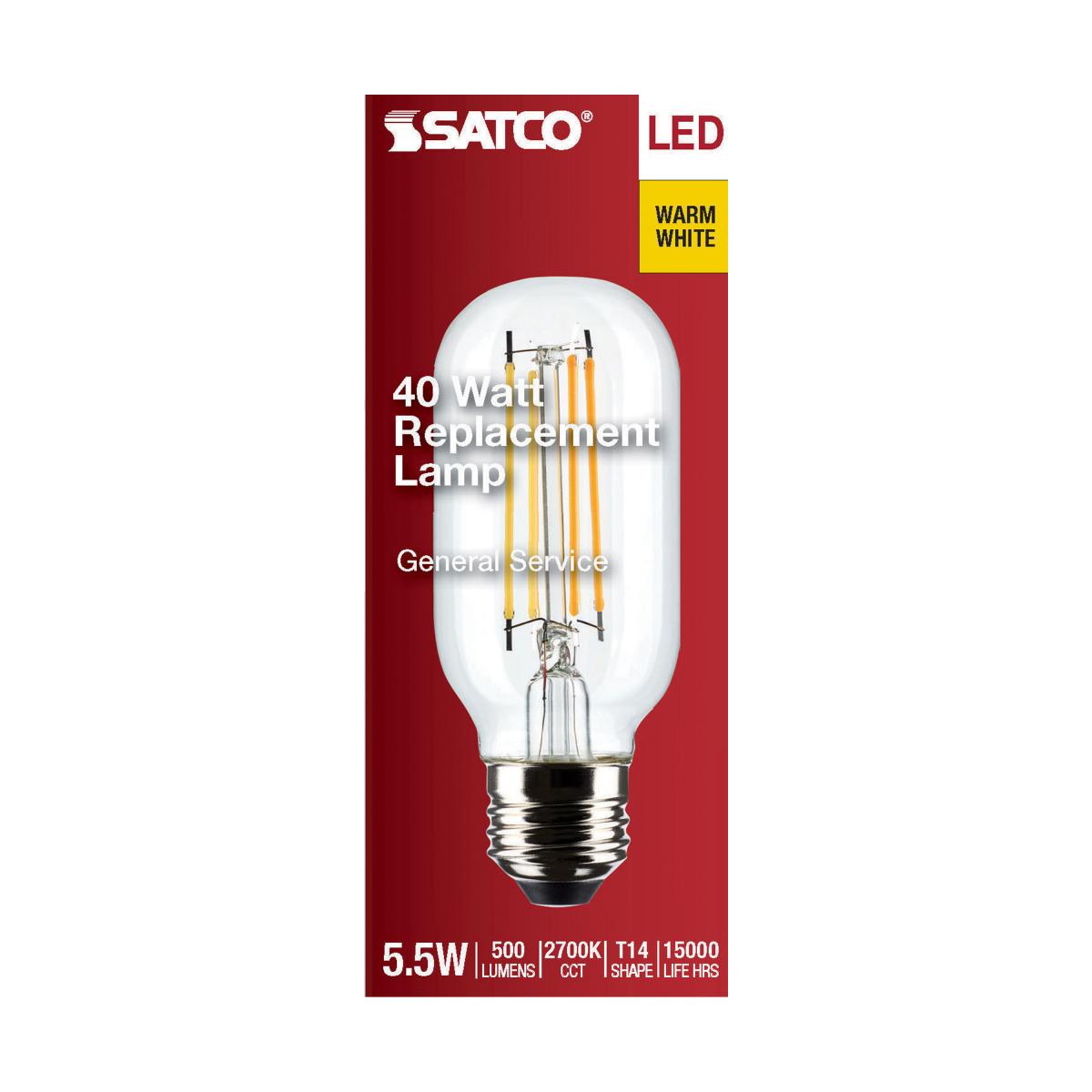 T14 LED Single Tube Bulb, 6 Watts, 500 Lumens, 2700K, E26 Medium Base, Clear Finish