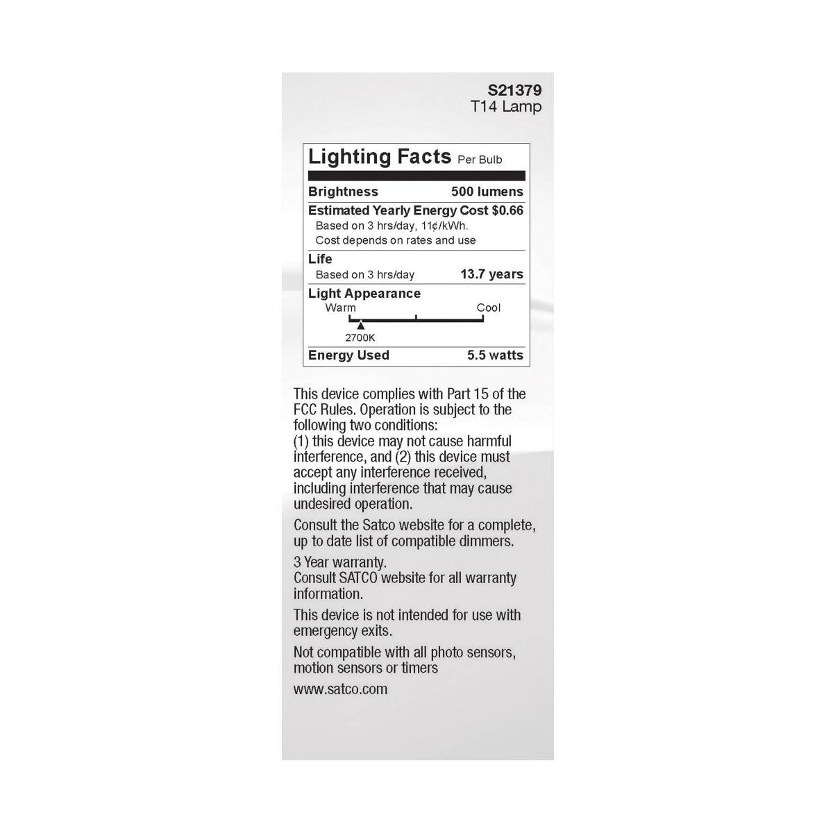 T14 LED Single Tube Bulb, 6 Watts, 500 Lumens, 2700K, E26 Medium Base, Clear Finish