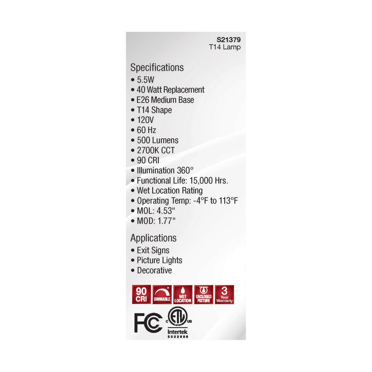 T14 LED Single Tube Bulb, 6 Watts, 500 Lumens, 2700K, E26 Medium Base, Clear Finish