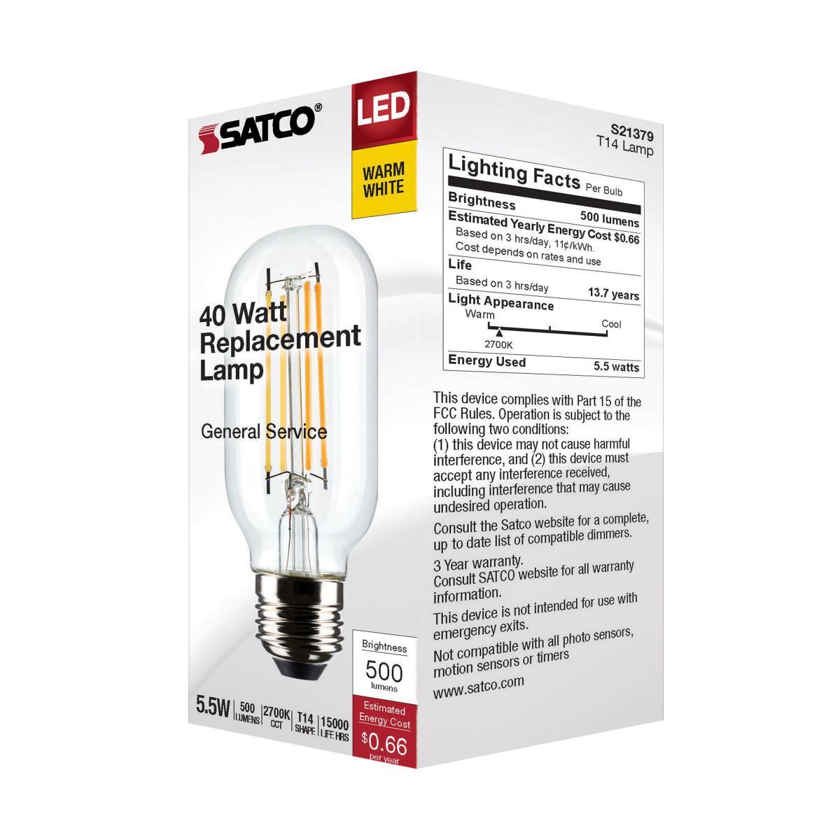 T14 LED Single Tube Bulb, 6 Watts, 500 Lumens, 2700K, E26 Medium Base, Clear Finish