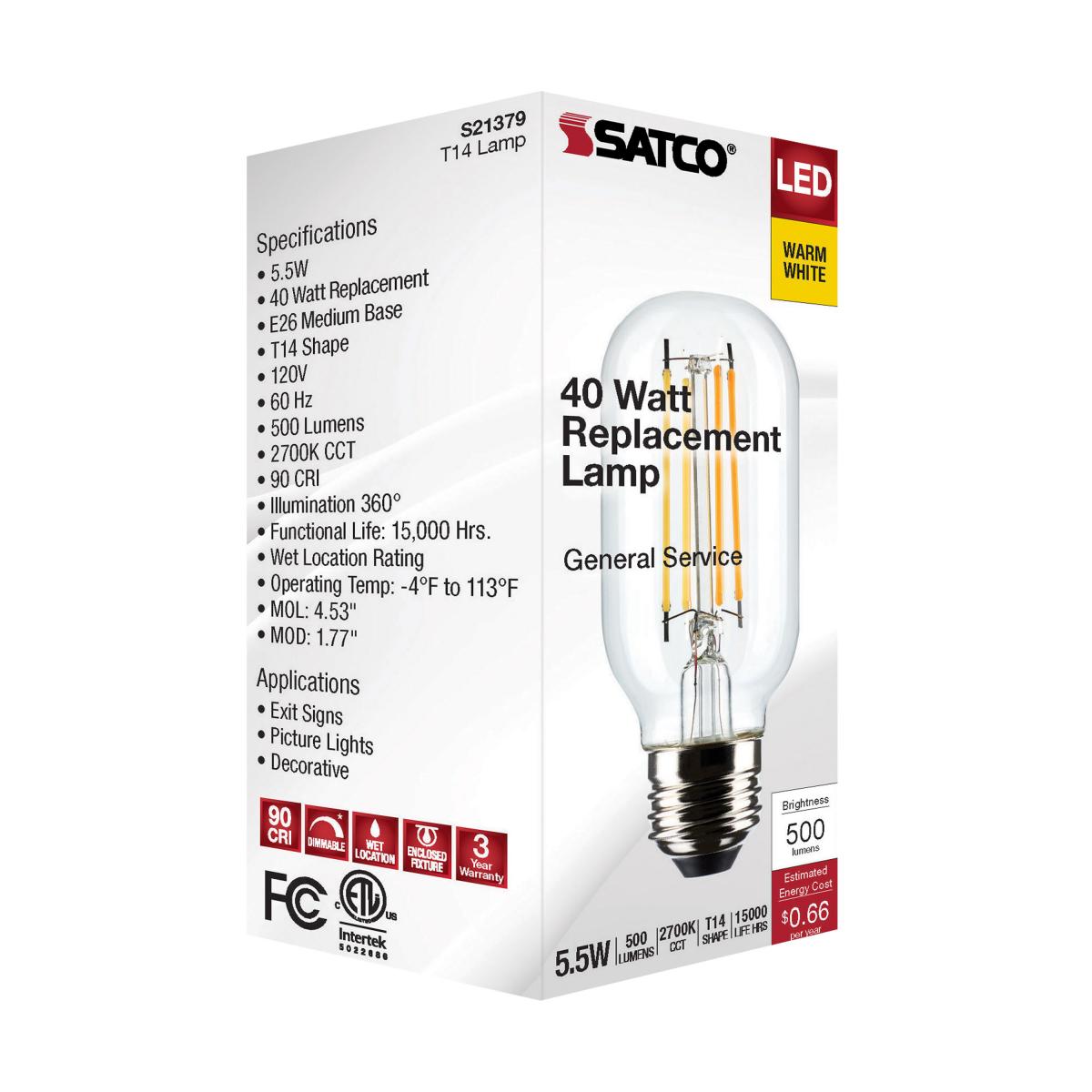 T14 LED Single Tube Bulb, 6 Watts, 500 Lumens, 2700K, E26 Medium Base, Clear Finish