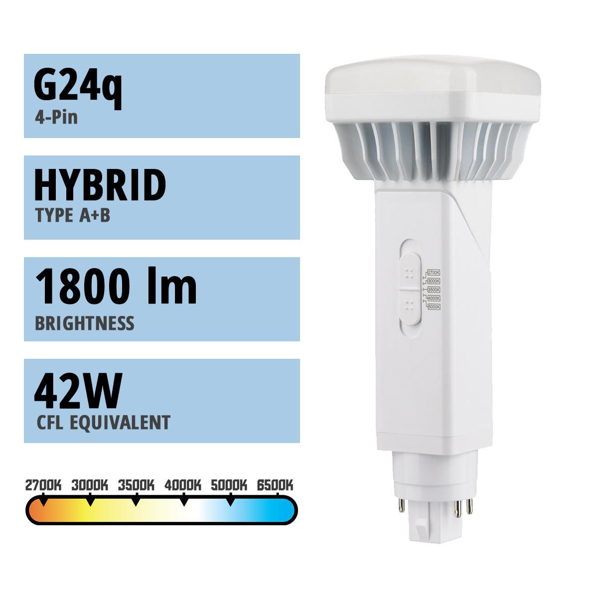 4 Pin PL LED Bulb, 16 Watt 1800 Lumens, Selectable CCT 2700K to 5000K, Universal, Replaces 42W CFL, G24q Base, Direct Or Bypass