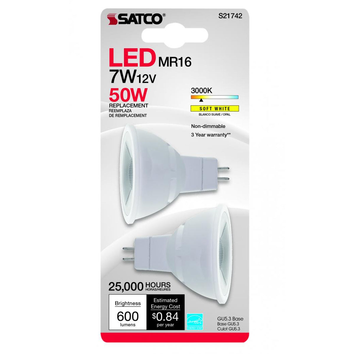 MR16 LED Bulb, 7 Watts, 600 Lumens, 3000K, GU5.3 Base, 40° Flood, 12V, Pack of 2 - Bees Lighting