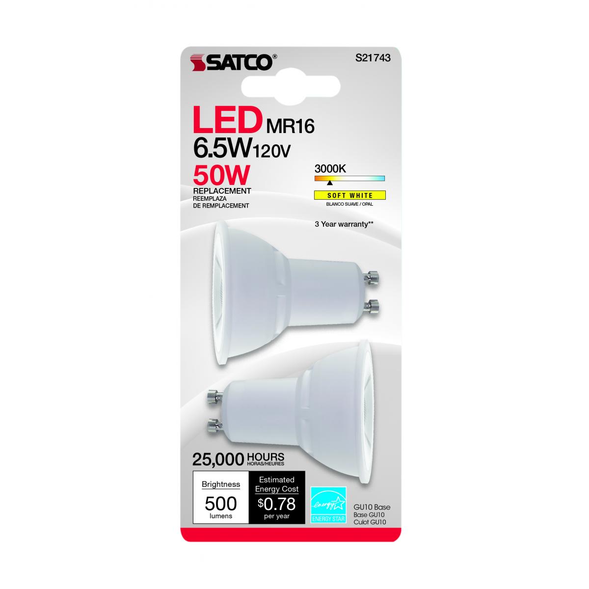 MR16 LED Bulb, 6 Watts, 500 Lumens, 3000K, GU10 Base, 40° Flood, Pack of 2 - Bees Lighting