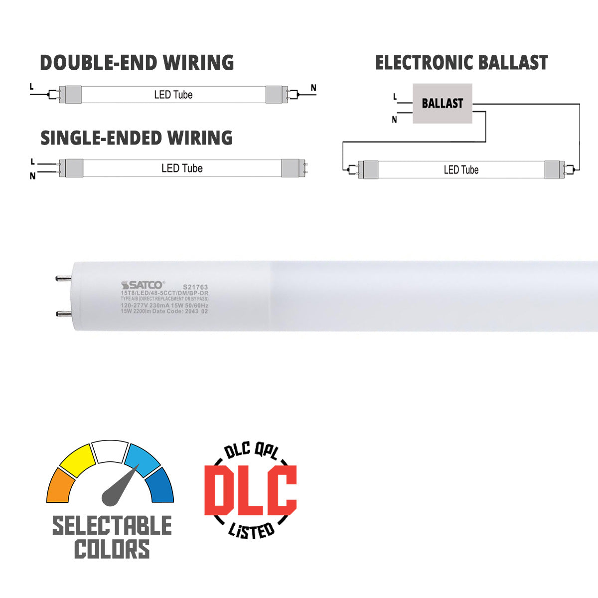 4ft LED T8 Tube, 15 Watts, 2200lm, 3000K to 6500K, Type A+B, Single|Dual End, Glass with PET Coating - Bees Lighting