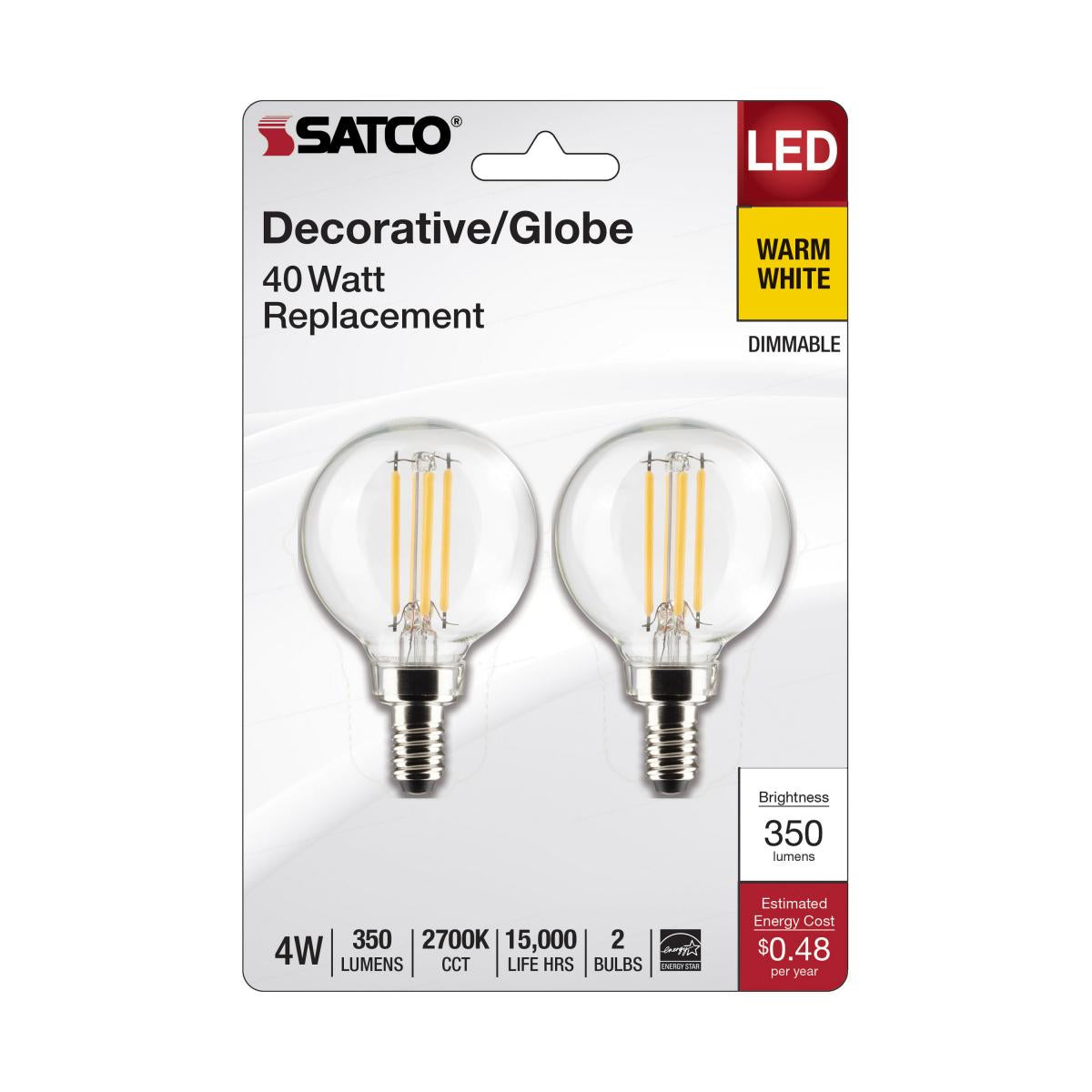 G16.5 Filament LED Globe Bulb, 4 Watt, 350 Lumens, 2700K, E12 Candelabra Base, Clear Finish, Pack Of 2 - Bees Lighting