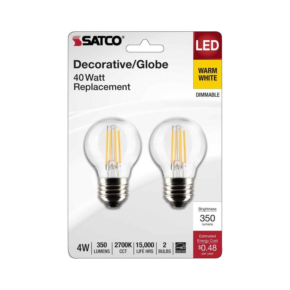 G16.5 LED Globe Bulb, 4 Watt, 350 Lumens, 2700K, E26 Medium Base, Clear Finish, Pack Of 2