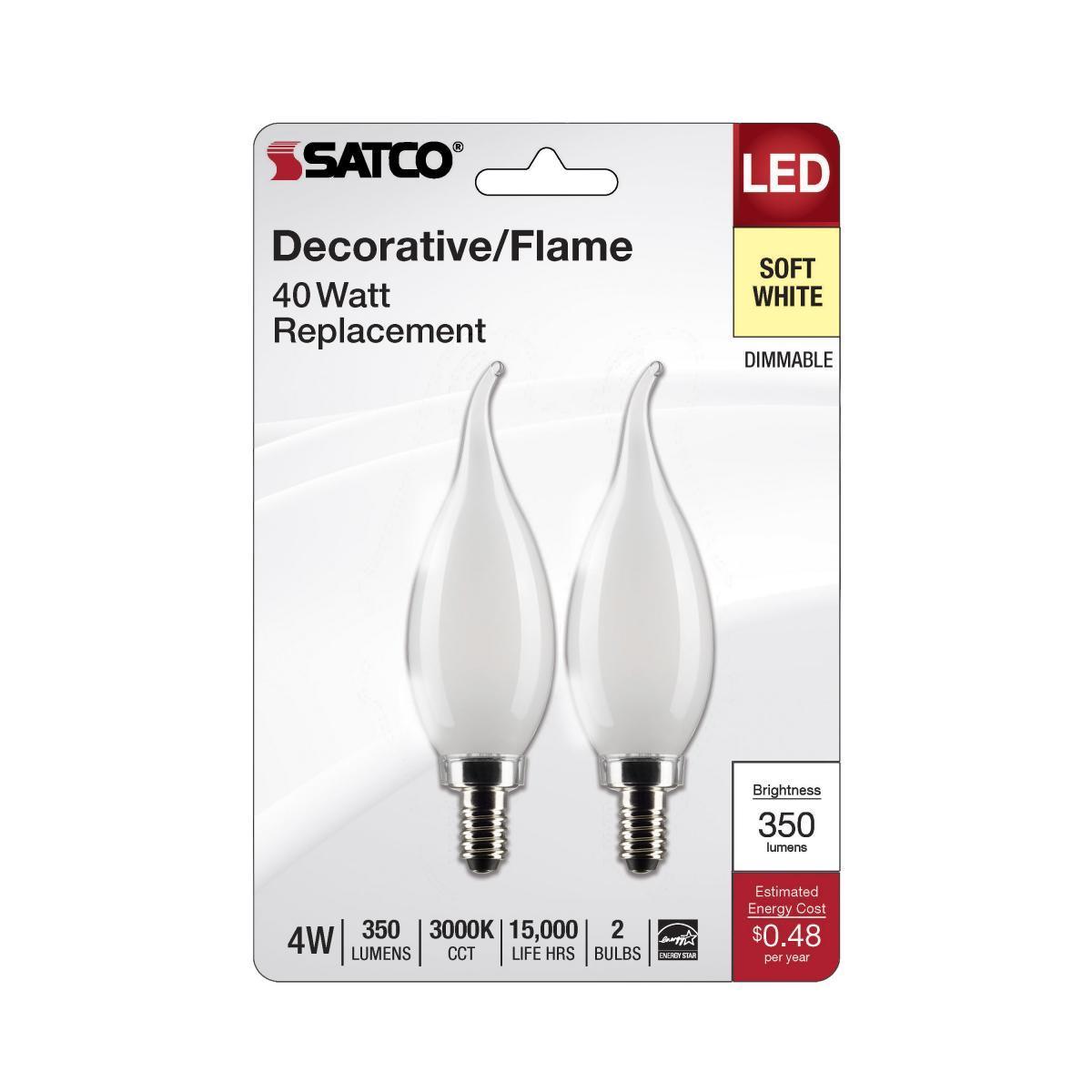 CA10 Candle LED Bulb, 40W Equivalent,4 Watt, 350 Lumens, 3000K, E12 Candelabra Base, Frosted Finish, Pack Of 2
