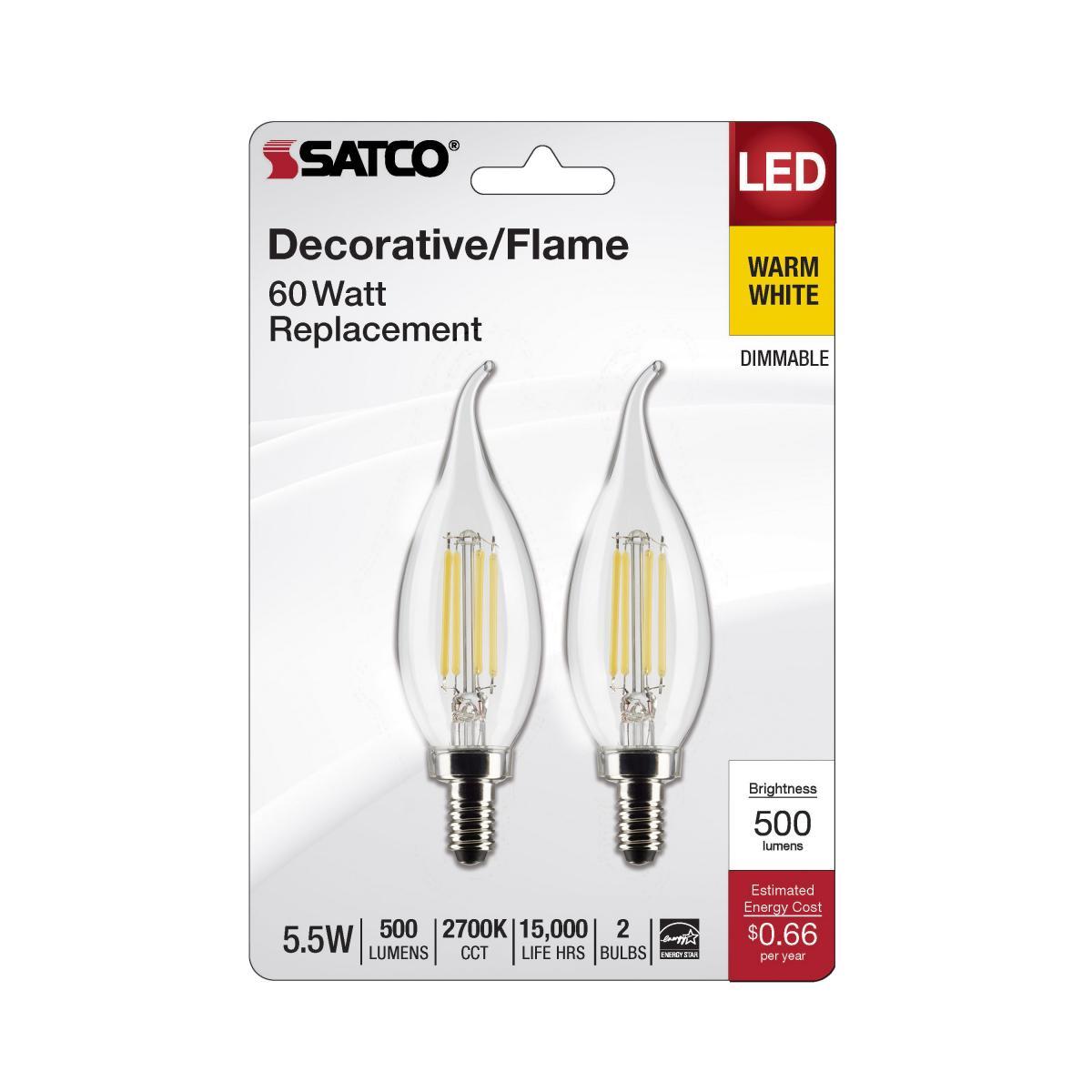 CA10 Candle Filament LED Bulb, 60W Equivalent,6 Watt, 500 Lumens, 2700K, E12 Candelabra Base, Clear Finish, Pack Of 2