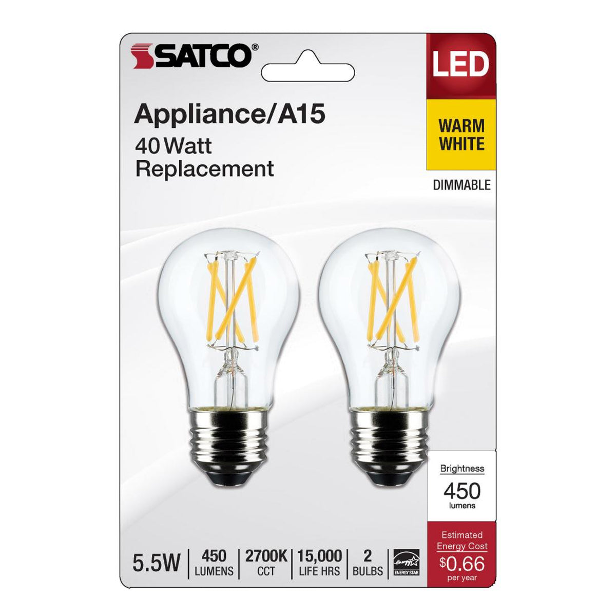 A15 Standard LED Bulb, 6 Watt, 450 Lumens, 2700K, E26 Medium Base, Clear Finish, Pack Of 2