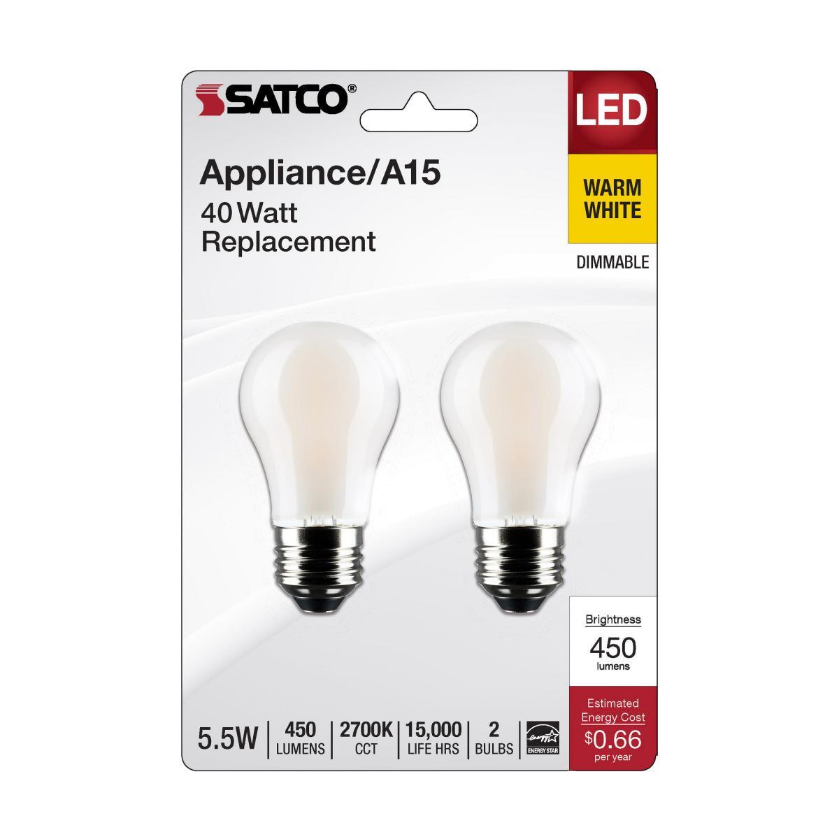 A15 Standard LED Bulb, 6 Watt, 450 Lumens, 2700K, E26 Medium Base, Frosted Finish, Pack Of 2