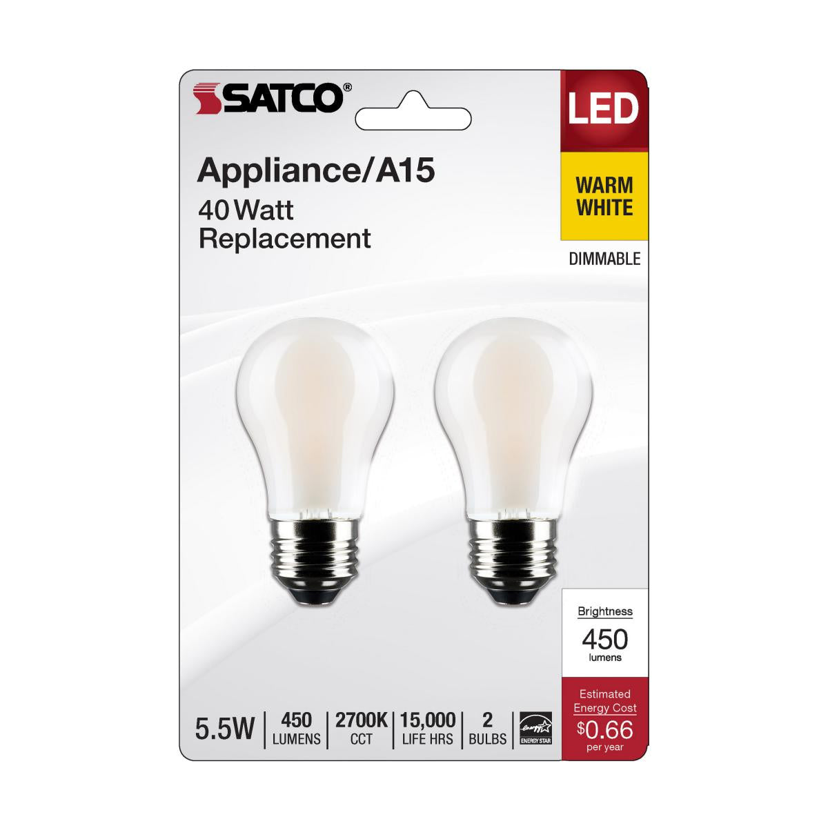 A15 LED Standard Bulb, 6 Watts, 450 Lumens, 2700K, E26 Medium Base, Frosted Finish, Pack of 2 - Bees Lighting