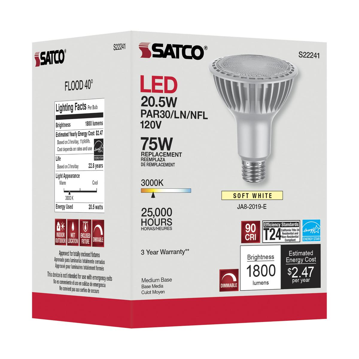 PAR30 Long Neck LED Bulb, 20W, 1800 Lumens, 100W Equal, 3000K, E26 Medium Base, 40° Flood - Bees Lighting