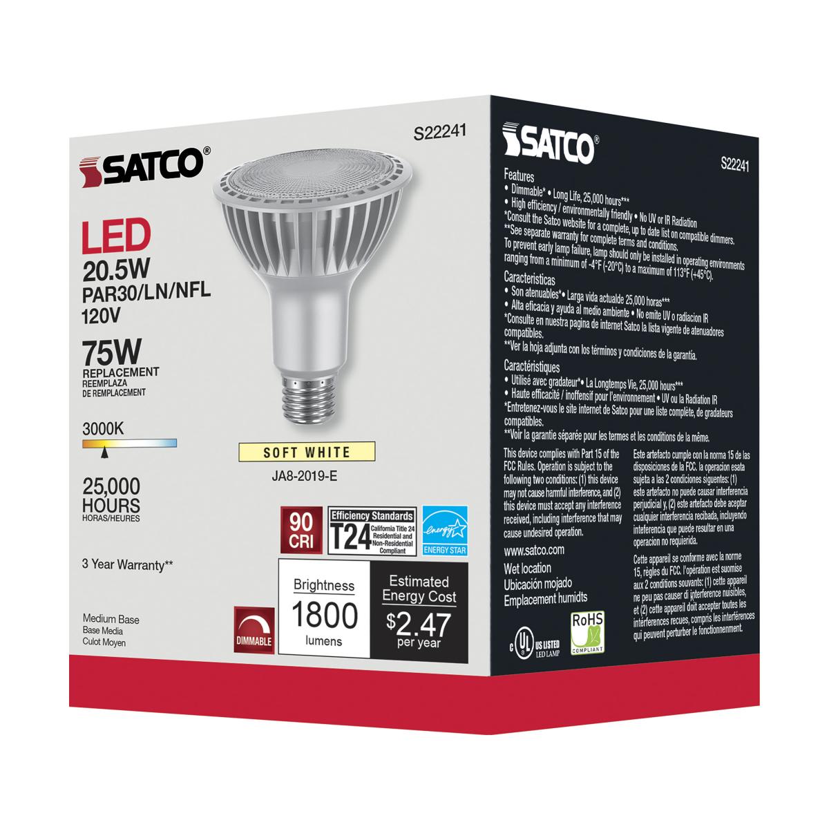 PAR30 Long Neck LED Bulb, 20W, 1800 Lumens, 100W Equal, 3000K, E26 Medium Base, 40° Flood - Bees Lighting