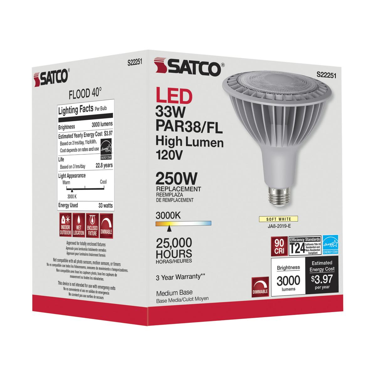 PAR38 Reflector LED Bulb, 33 watt, 3000 Lumens, 3000K, E26 Medium Base, 40 Deg. Flood