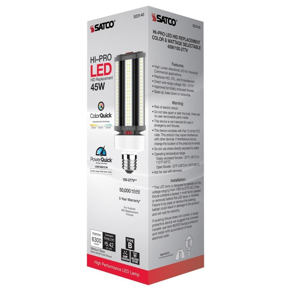 Hi-Pro Retrofit LED Corn Bulb, 45W, 6300 Lumens, Selectable CCT, 30K/40K/50K, E26 Base, 120-277V