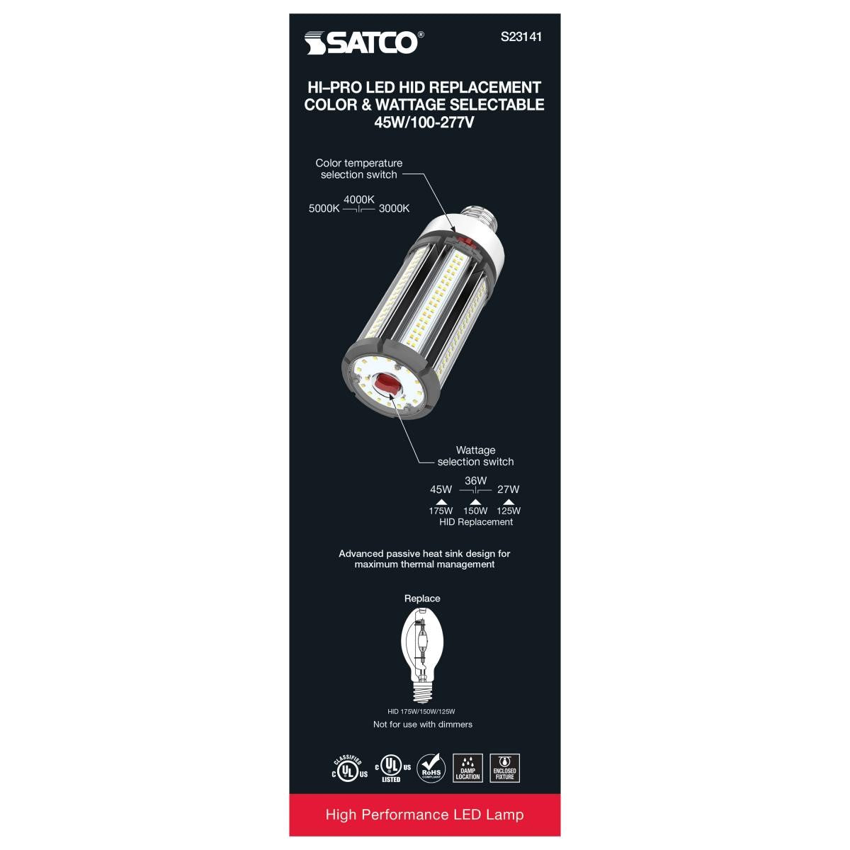 Hi-Pro Retrofit LED Corn Bulb, 27W|36W|45W, 6300lm, 30K|40K|50K, EX39 Mogul, 120-277V - Bees Lighting